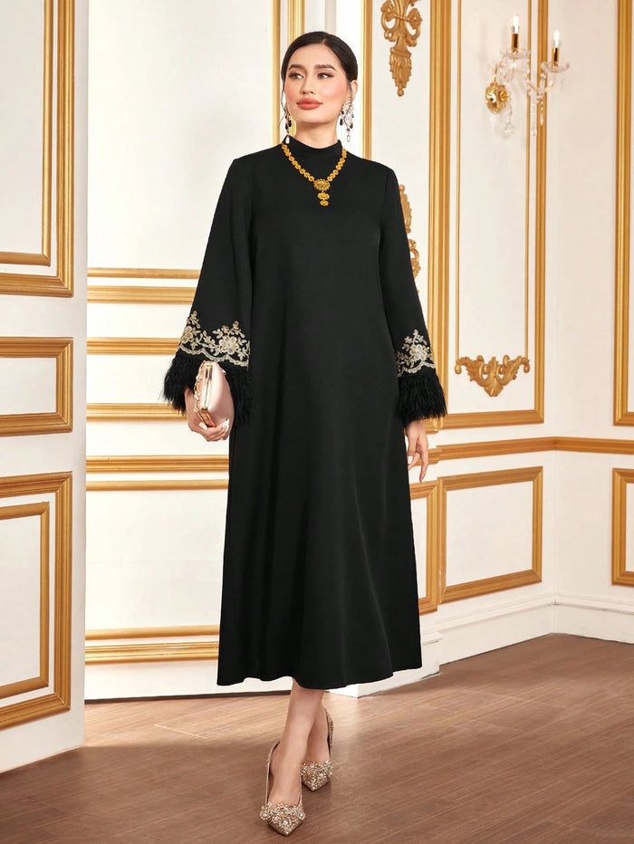 Mock Neck Embroidery Detail Fuzzy Cuff Trumpet Sleeve Kaftan