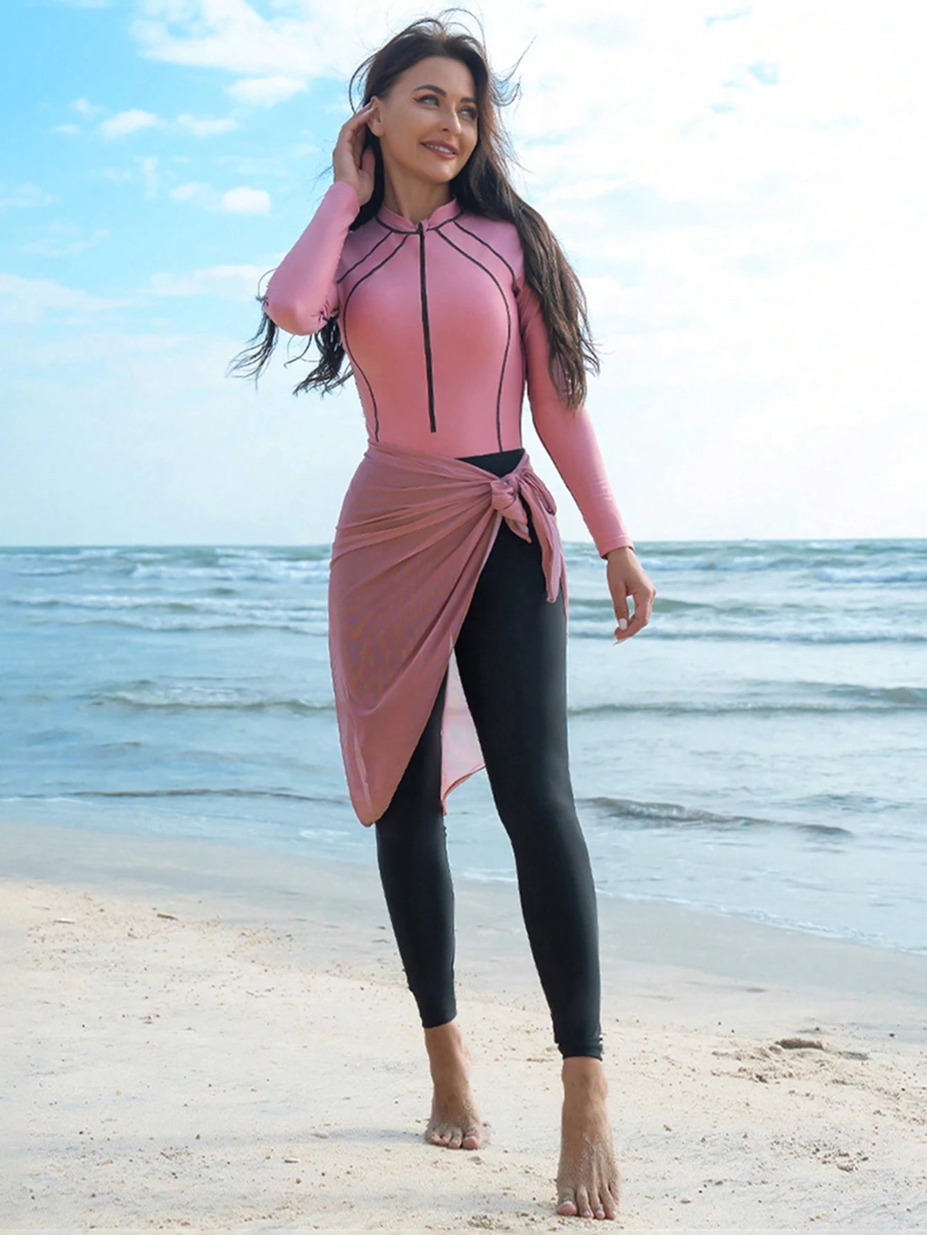 Women S Long Sleeve One Piece Swimwear with Matching Skirt Cover Up