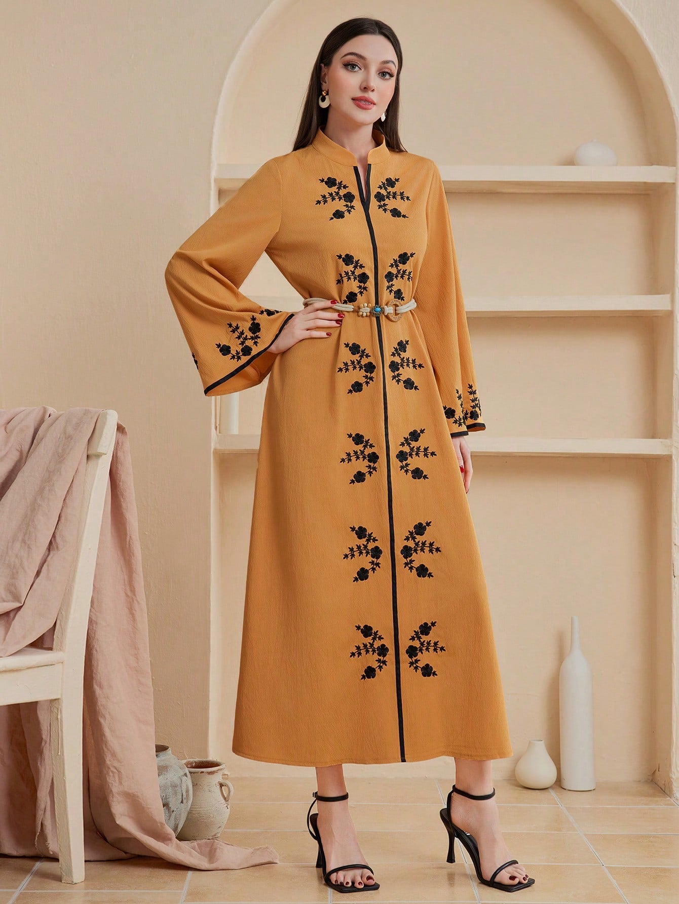 Women's Floral Embroidery Bell Sleeve Loose Dress