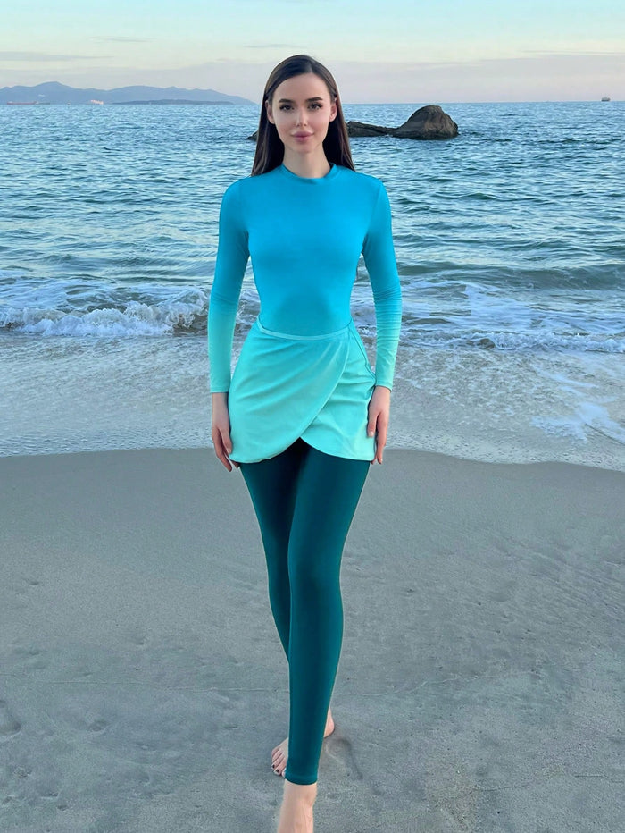 Long Sleeve Ombre One Piece Swimsuit with Matching Wrap Skirt and