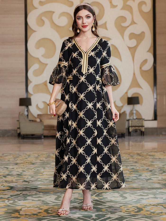 Embroidery Tape Mesh Ruffle Sleeve V-neck Dress