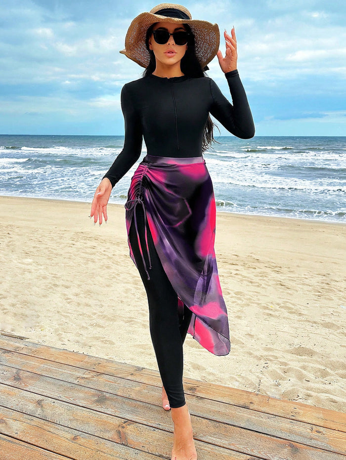 Solid Color Crew Neck Long Sleeve Swimsuit and Drawstring Waist Skirt