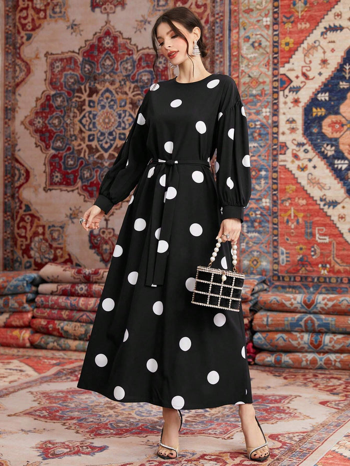 Women's Round Neck Polka Dot Printed Dress with Arab Details