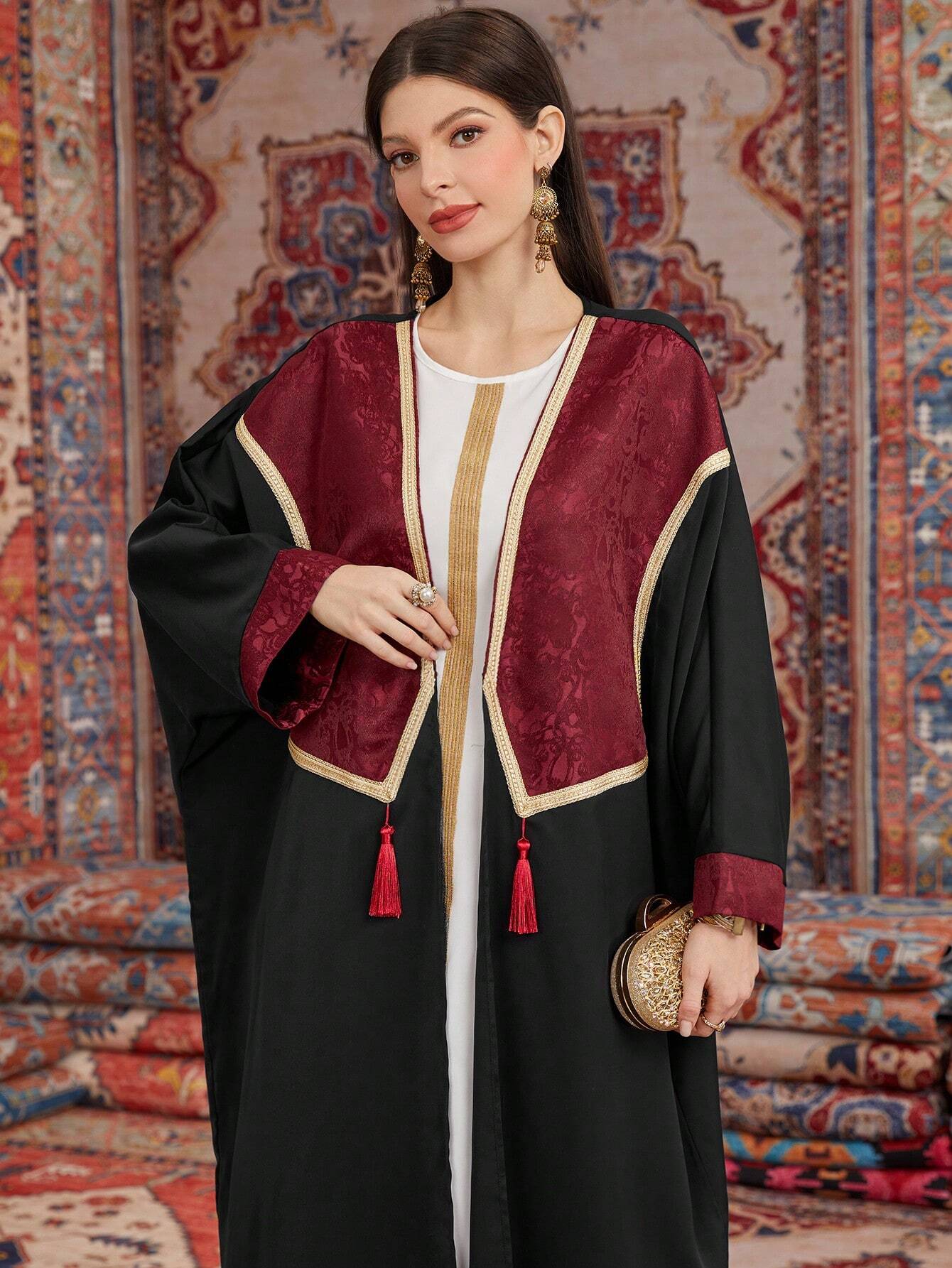 Women's Color Block Woven Belt Patchwork Long Sleeve Abaya
