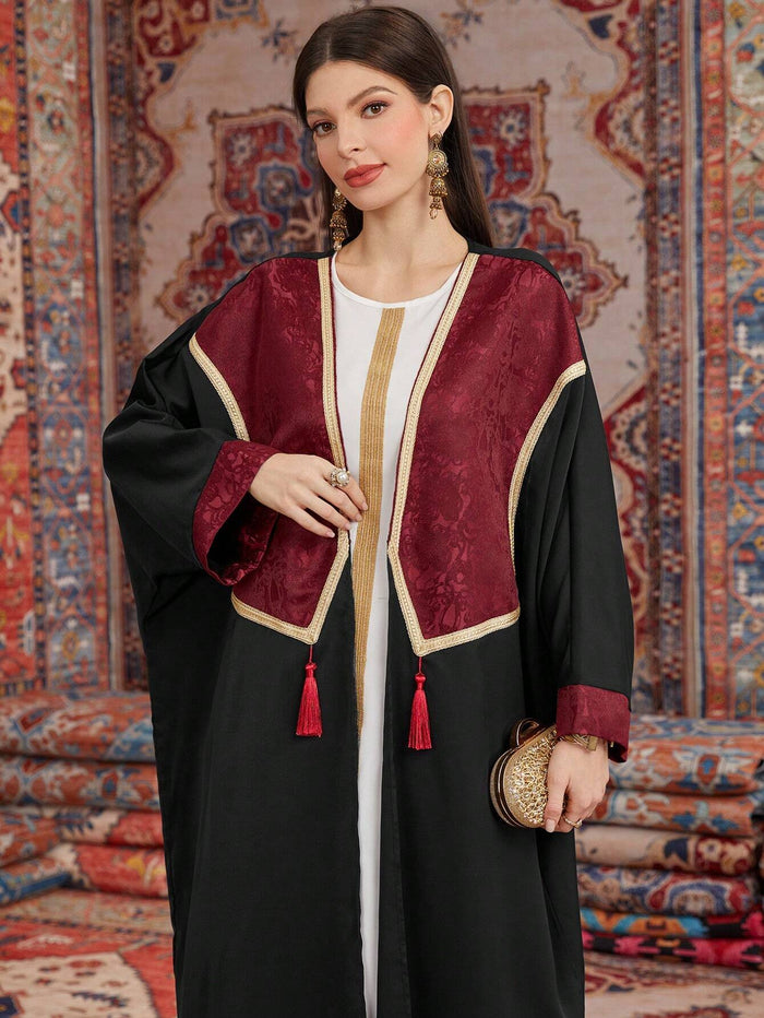 Women's Color Block Woven Belt Patchwork Long Sleeve Abaya