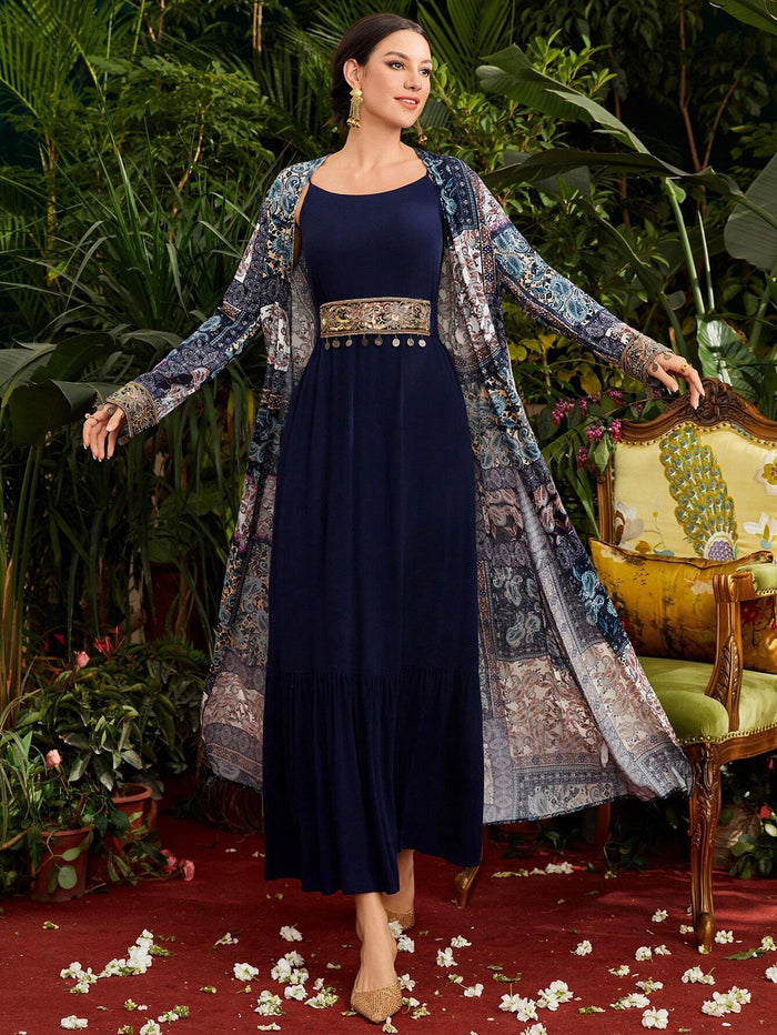 Women's Paisley Print Jacket & Embroidery Patchwork Dress Two Pieces