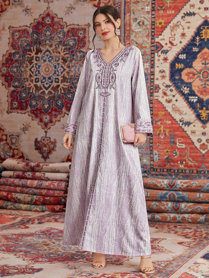 Women's Plant Embroidery Long Sleeve Arabian Dress