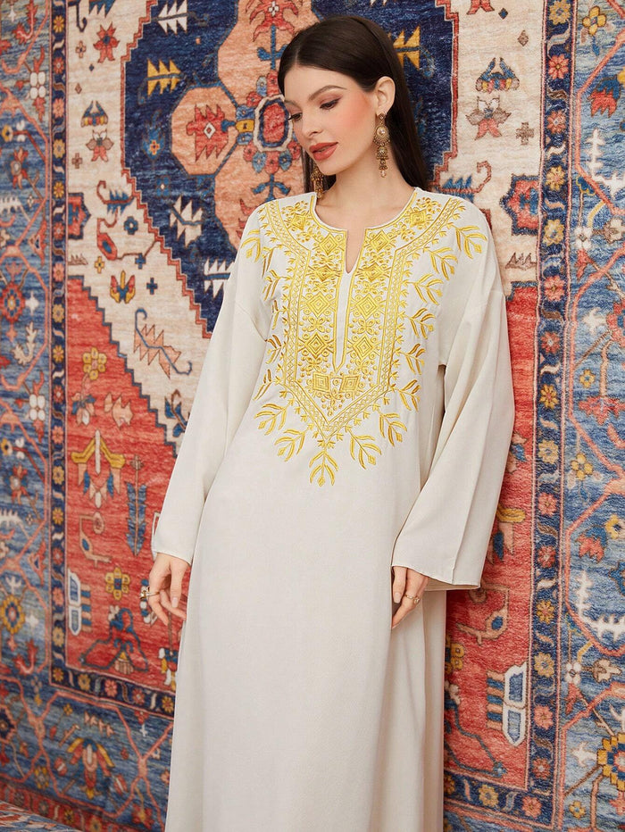 Women's Embroidery Trim Collar & Notch Neck Arabic Jalabiya Dress