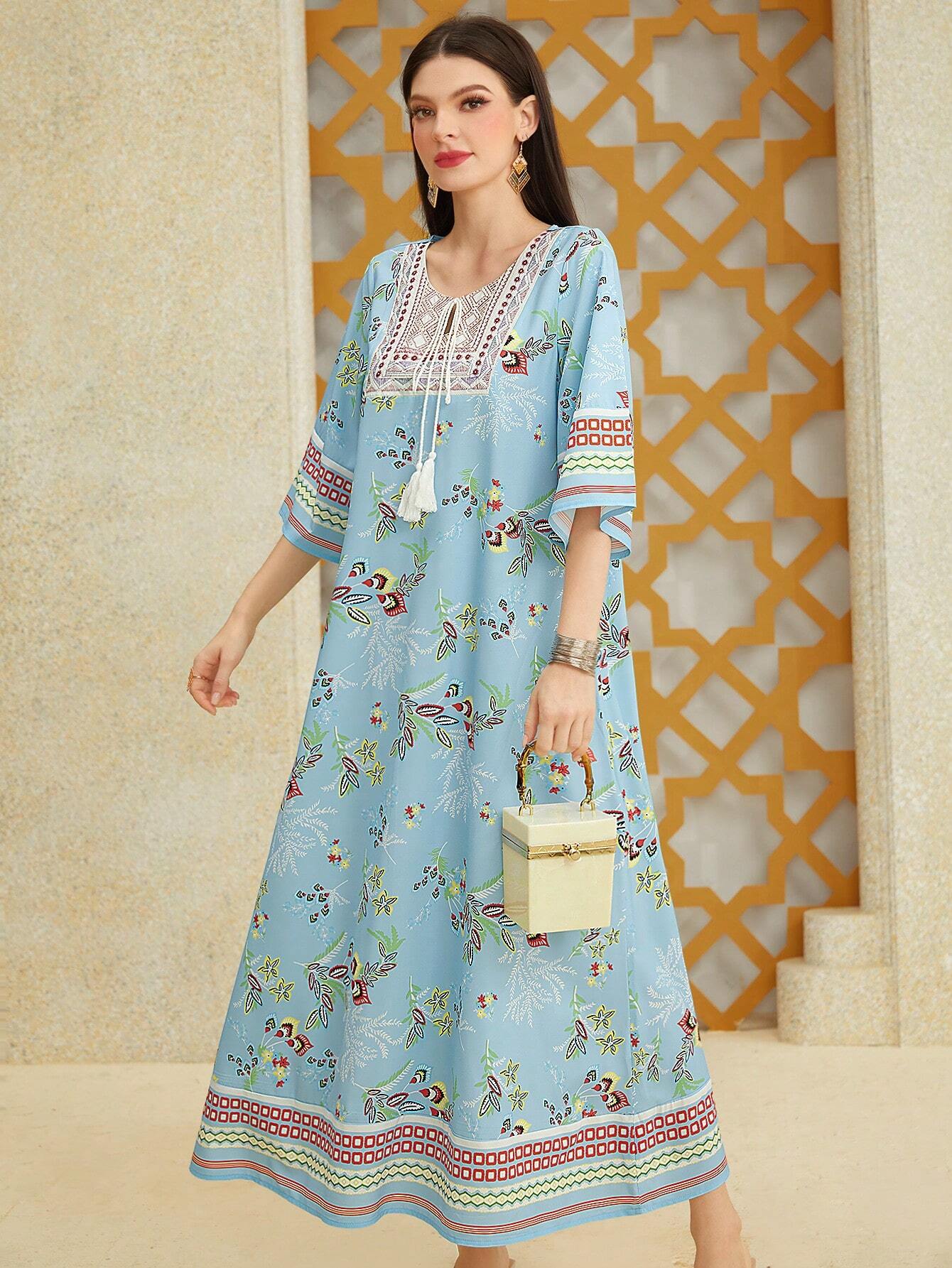 Round-necked Blue Floral Print Arabian Dress