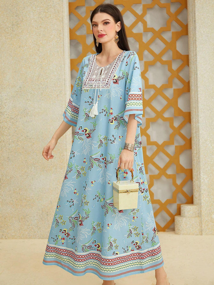 Round-necked Blue Floral Print Arabian Dress