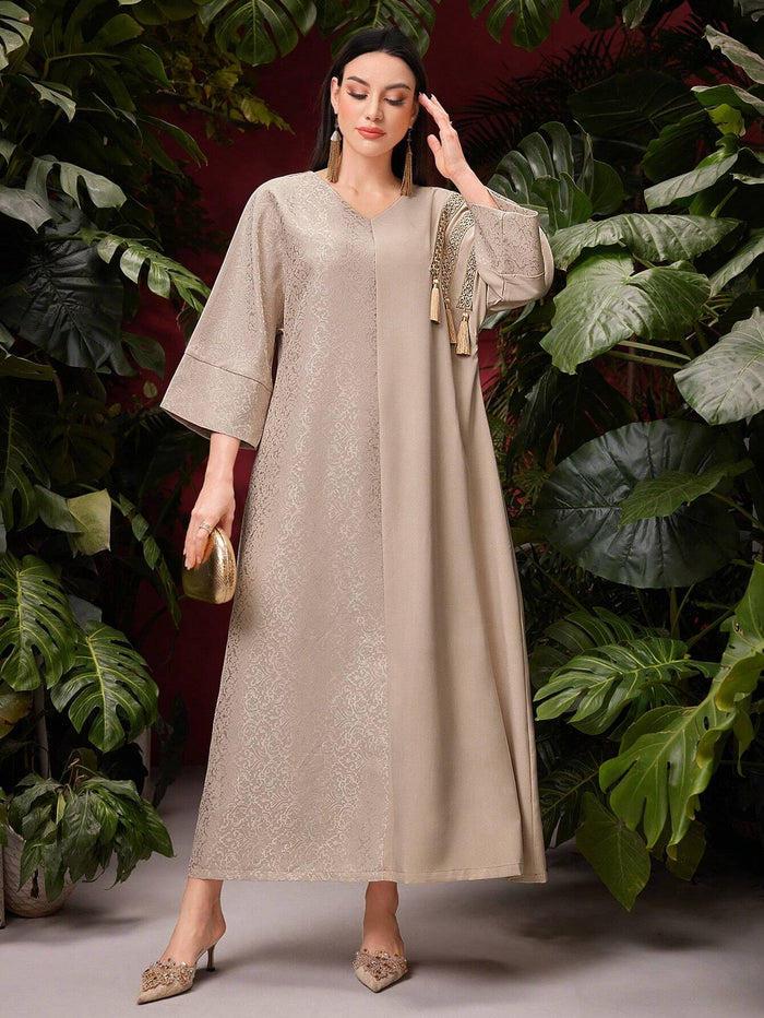 Women's Splice V-neck Tassel Detail Modest Long Sleeve Arabian Dress
