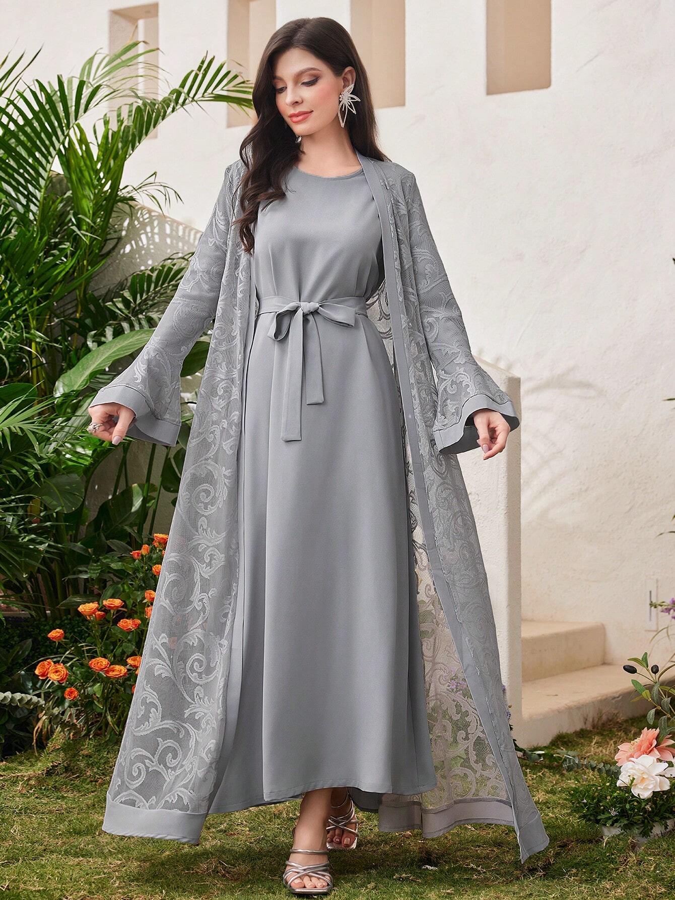 Ladies' Bell Sleeve Robe Abaya & Long Sleeve Modest Arabian Dress Set