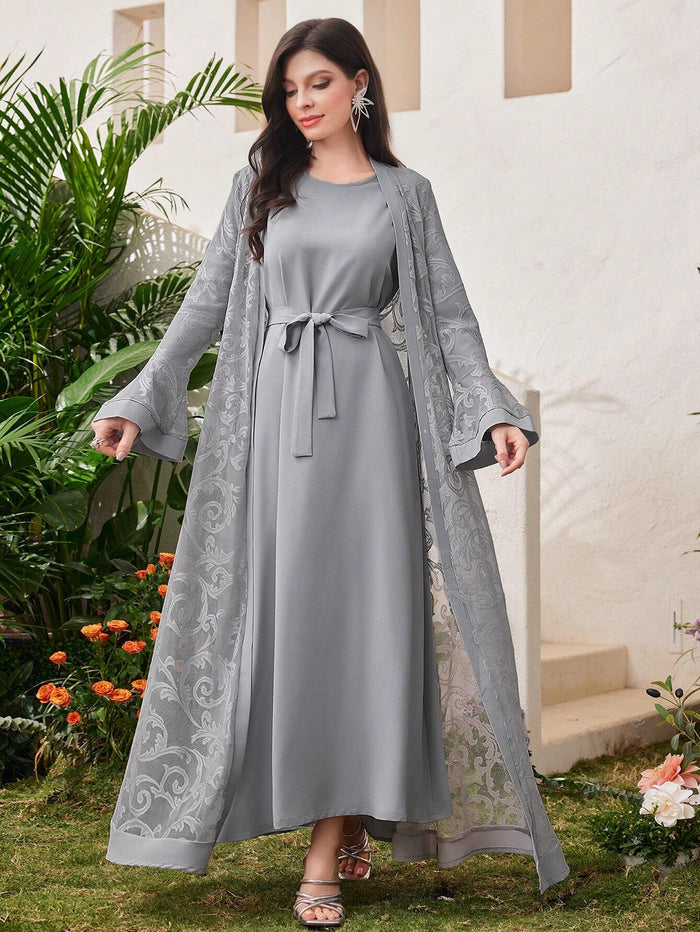 Ladies' Bell Sleeve Robe Abaya & Long Sleeve Modest Arabian Dress Set