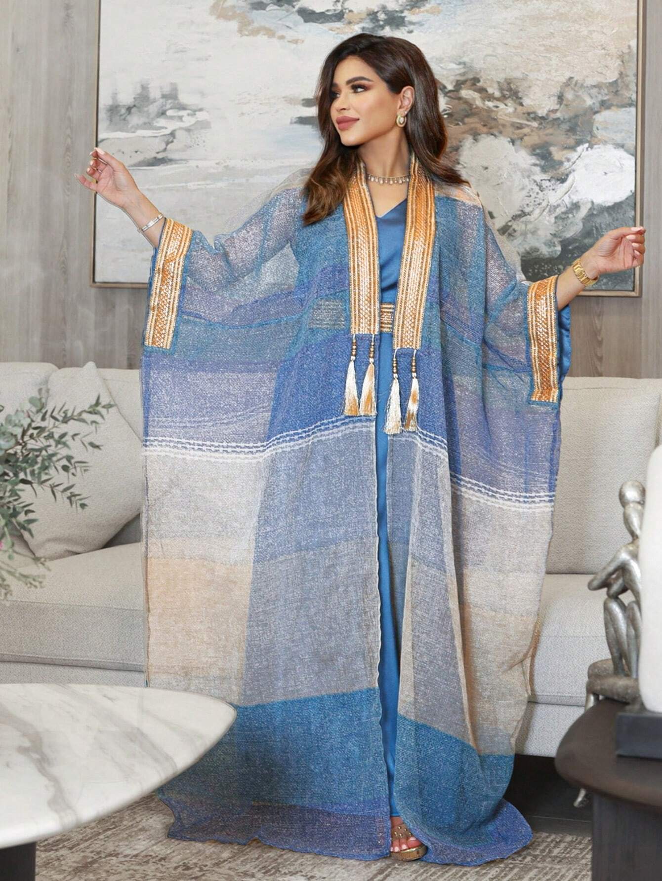Color Block Embroidered Panel V-neck Dress and Fringe Decor Batwing