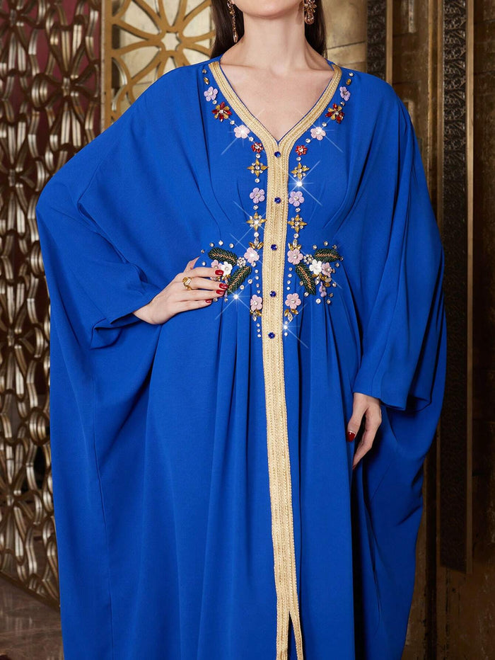 Women's Loose Turkish Style Long Shirt with Beaded Embroidery Kaftan