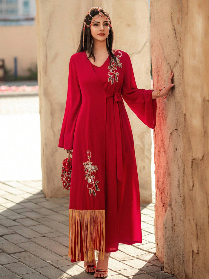 Women's Flared Sleeve Embroidered Fringed Evening Arabian Dress