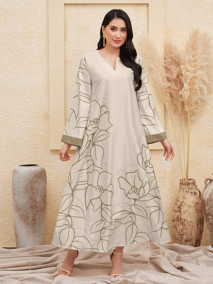 Women Simple Floral Printed Long Sleeve Arabian Modest Dress