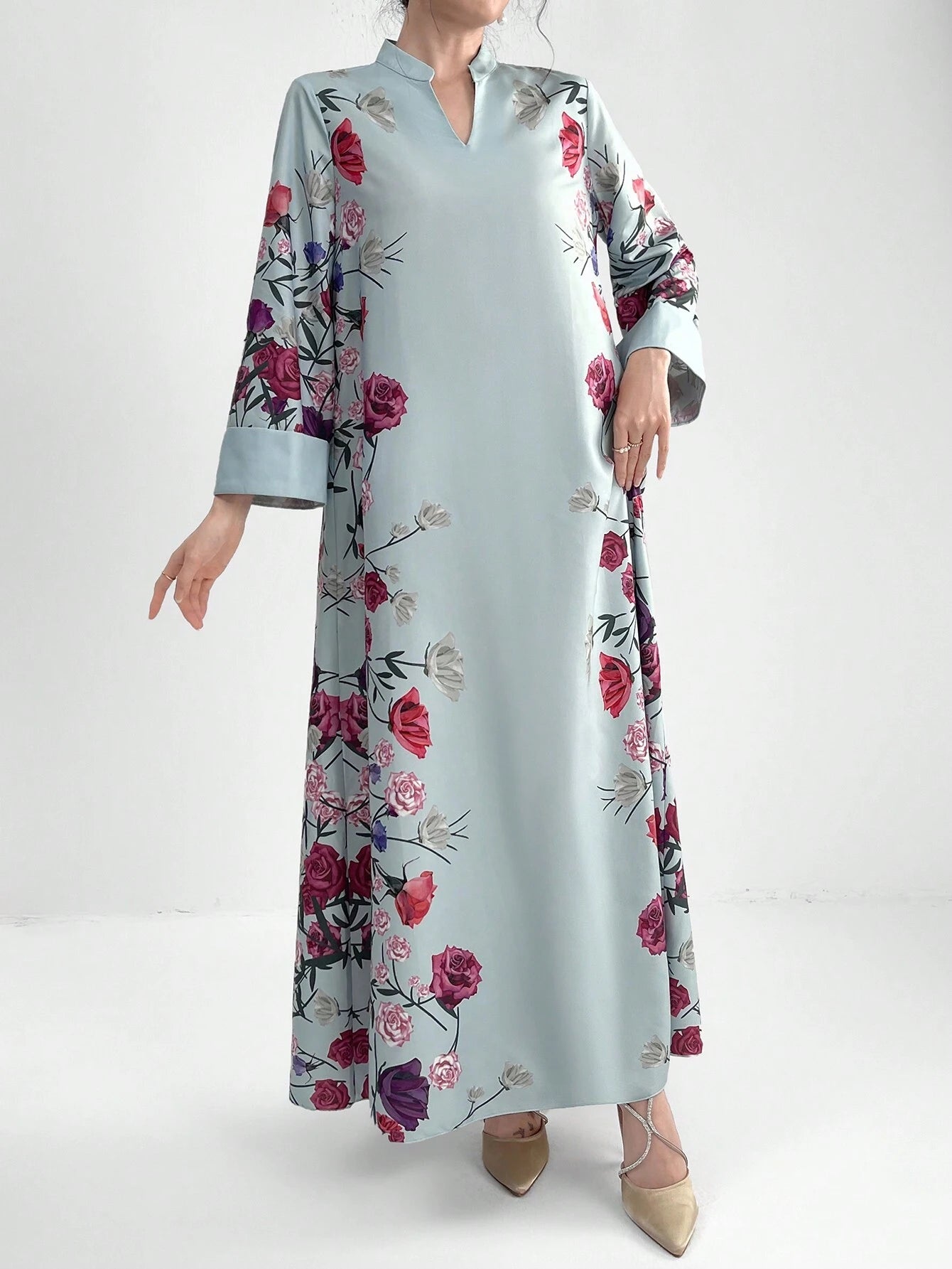 Ladies Printed Long Dress with Flare Sleeves and Notched Collar