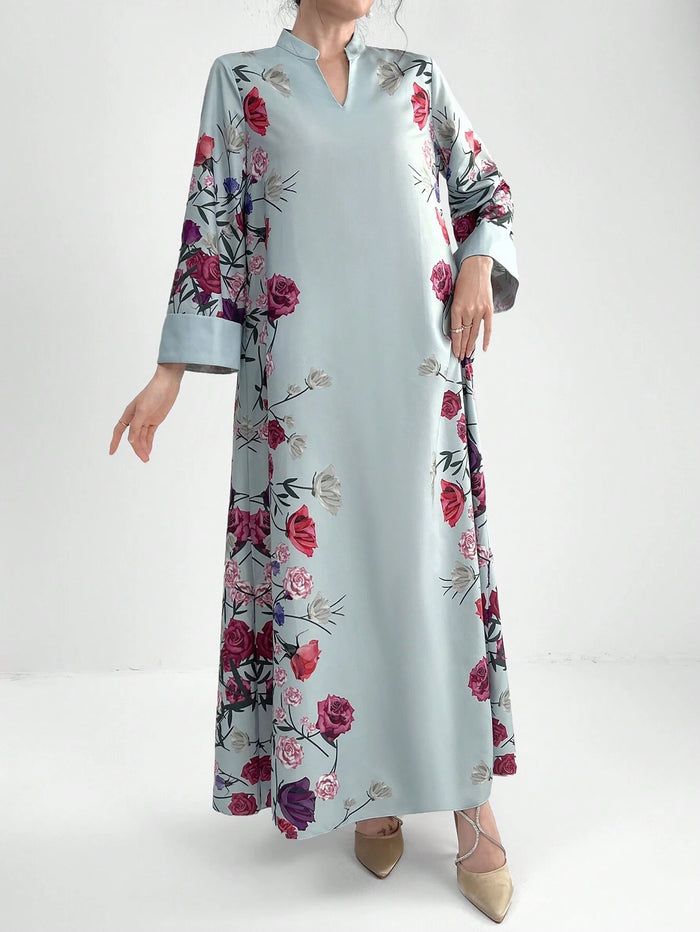 Ladies Printed Long Dress with Flare Sleeves and Notched Collar