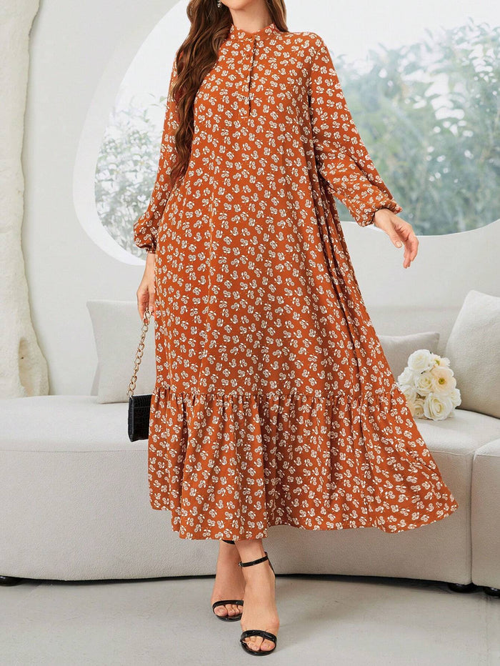 Women Spring Casual Vacation Lantern Sleeves Loose Dress with Floral