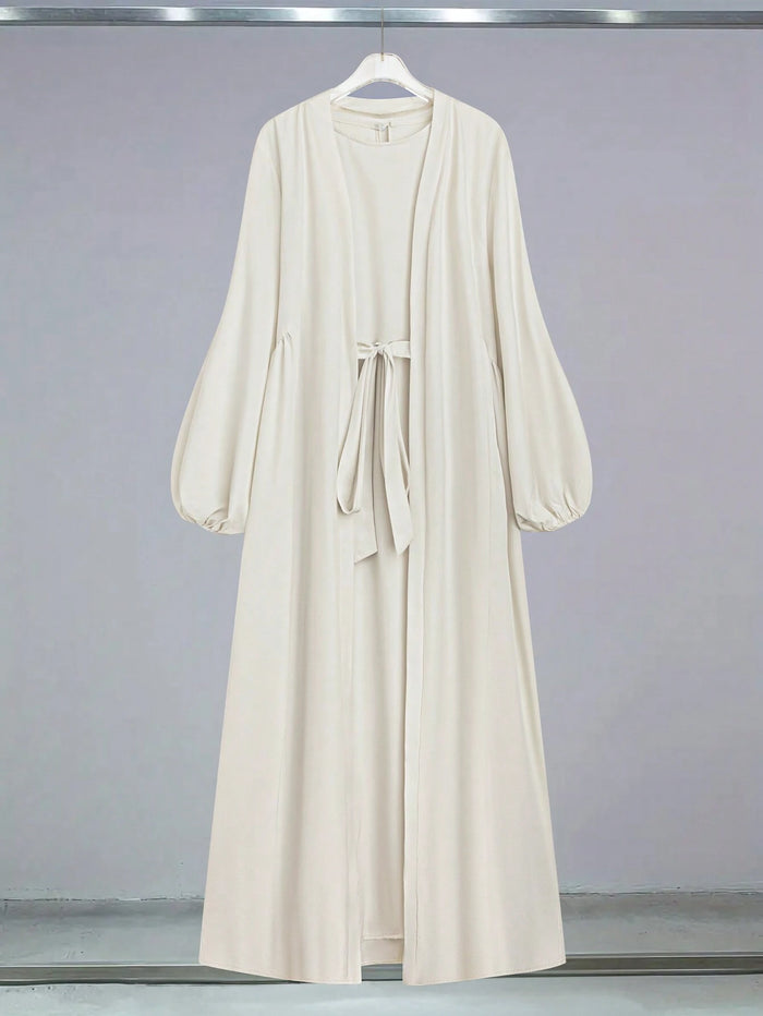Fashionable Simple Round Neck Dress and Long Lantern Sleeve Outerwear