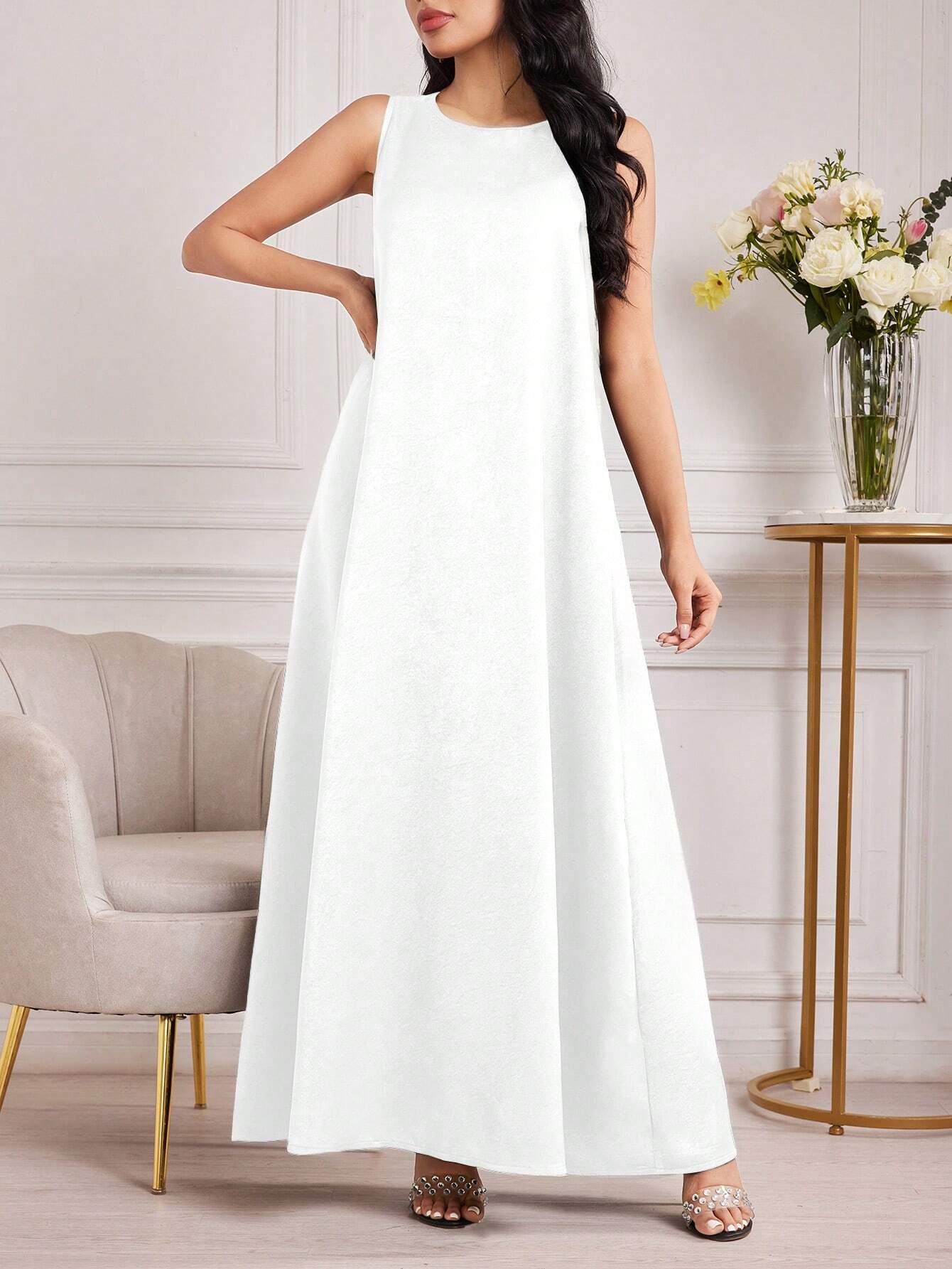 Women Round Neck Solid Color Sleeveless Arabian Dress