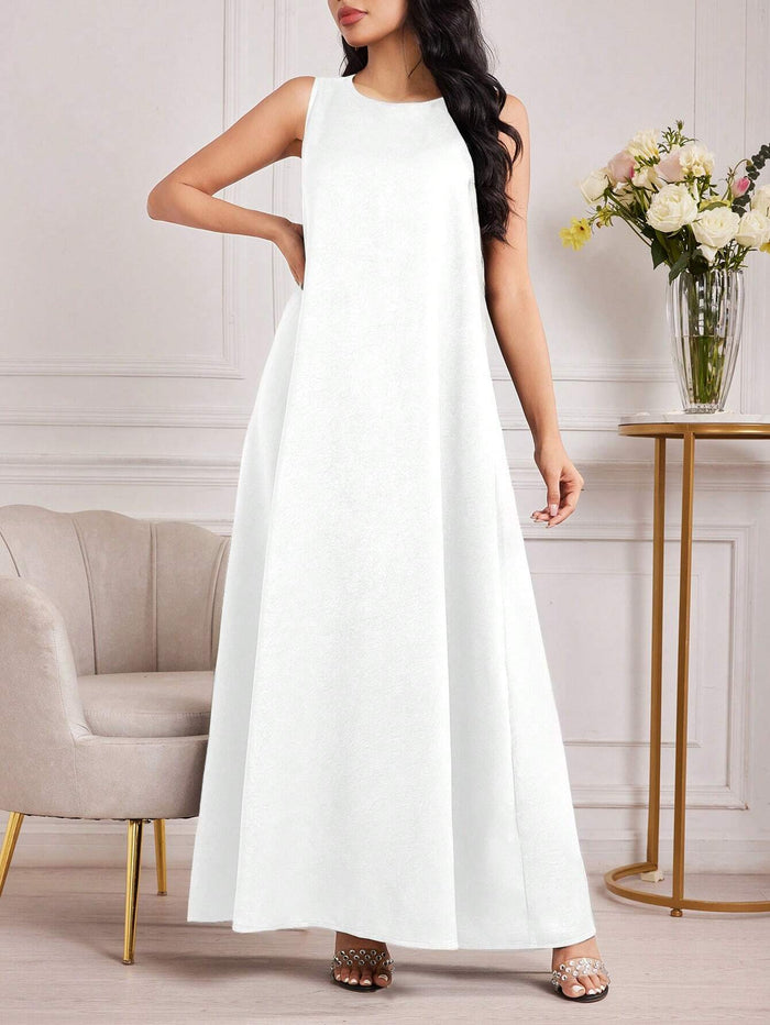 Women Round Neck Solid Color Sleeveless Arabian Dress