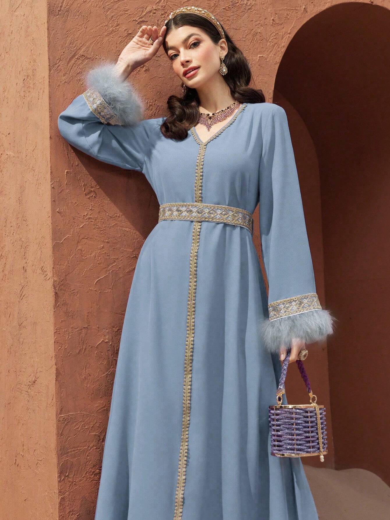Turkish Style Long Dress with V-neck