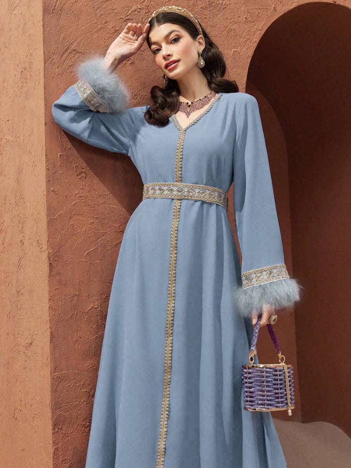 Turkish Style Long Dress with V-neck