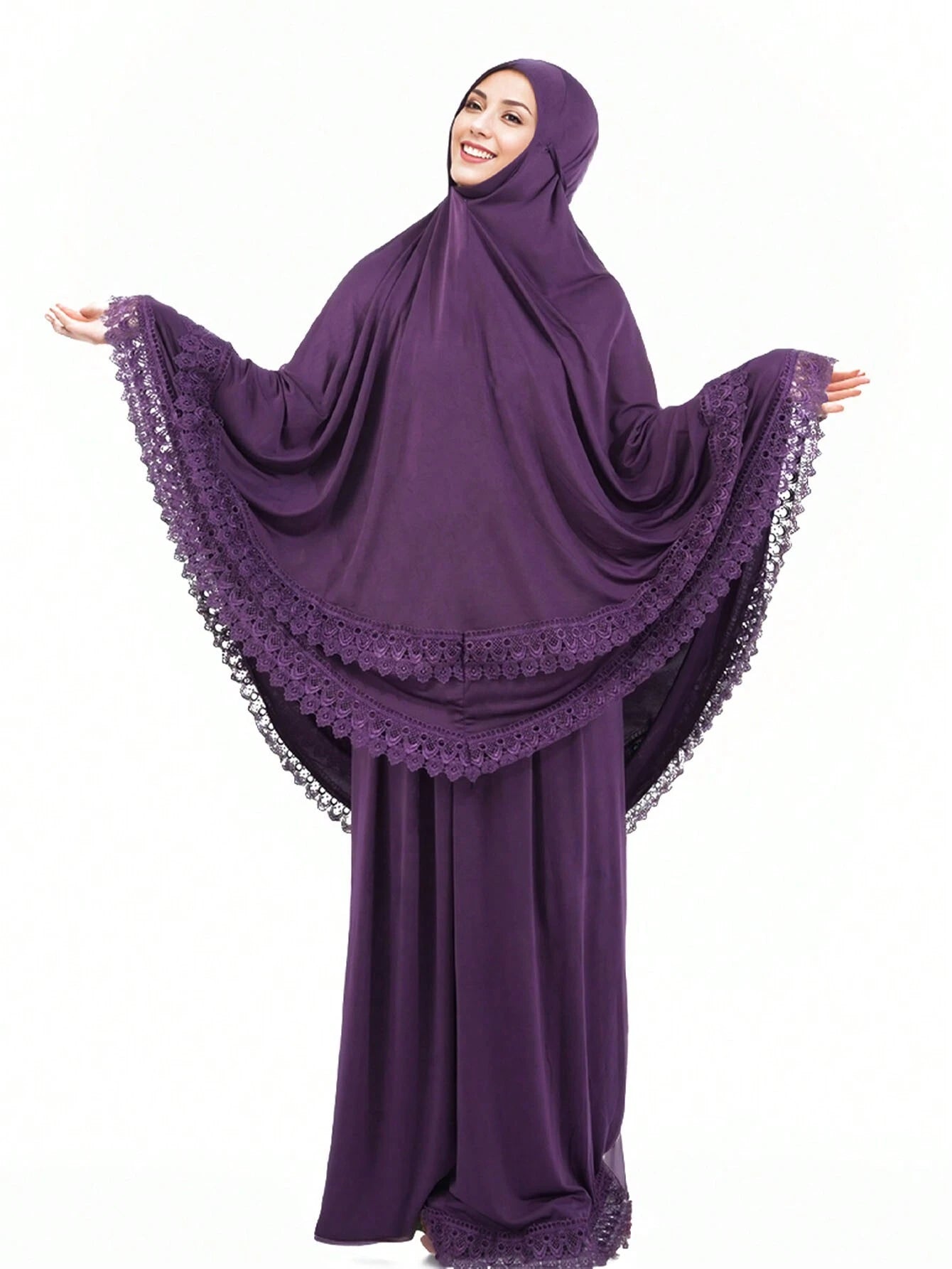 Solid Color Abaya Set with Lace Trim Headscarf Long Dress Suitable