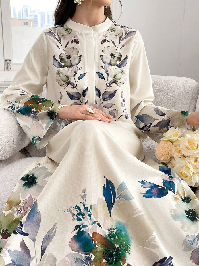 Women's Round Neck Floral Print Long Bell Sleeve Casual Arabian