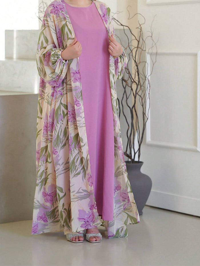 Women's Solid Color Round Neck Casual Dress and Flower Printed Jacket