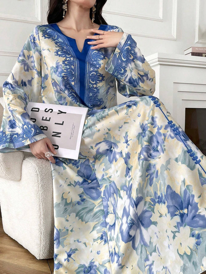 Women's Elegant Floral Print Long Bell Sleeve Modest Dress