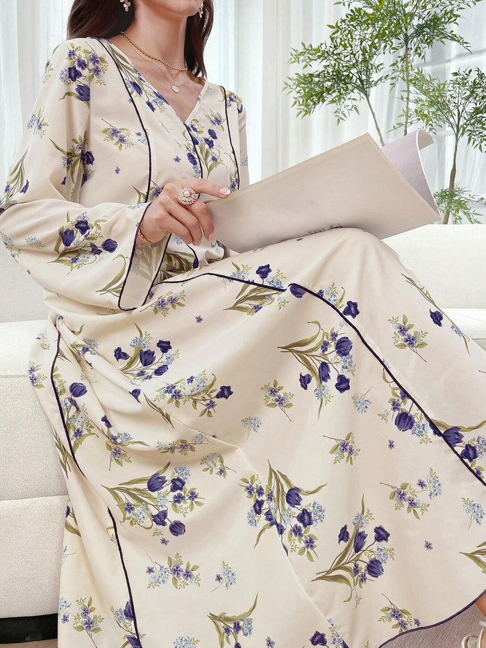 Women's Elegant Floral Printed Bell Sleeve Long Dress