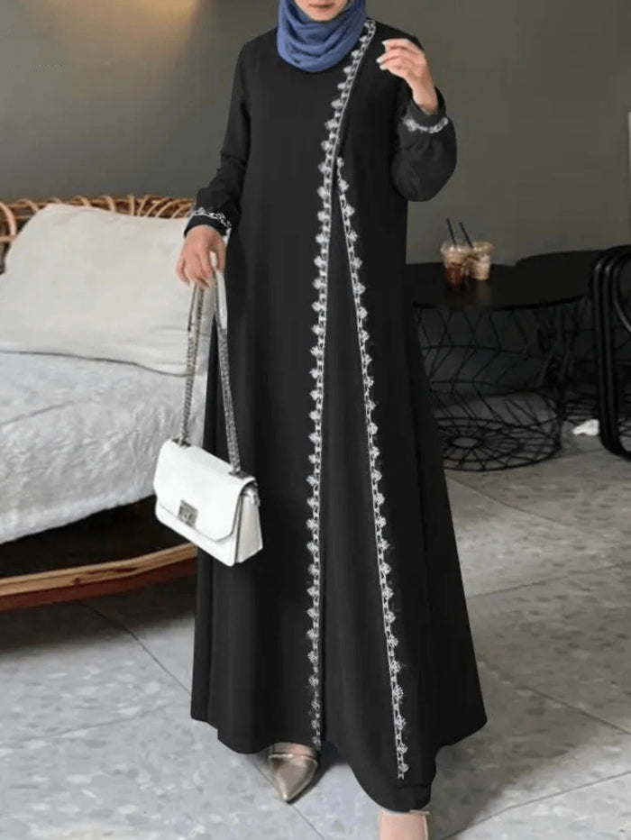 Women's Elegant Floral Trim Round Neck Long Sleeve Arabic Robe