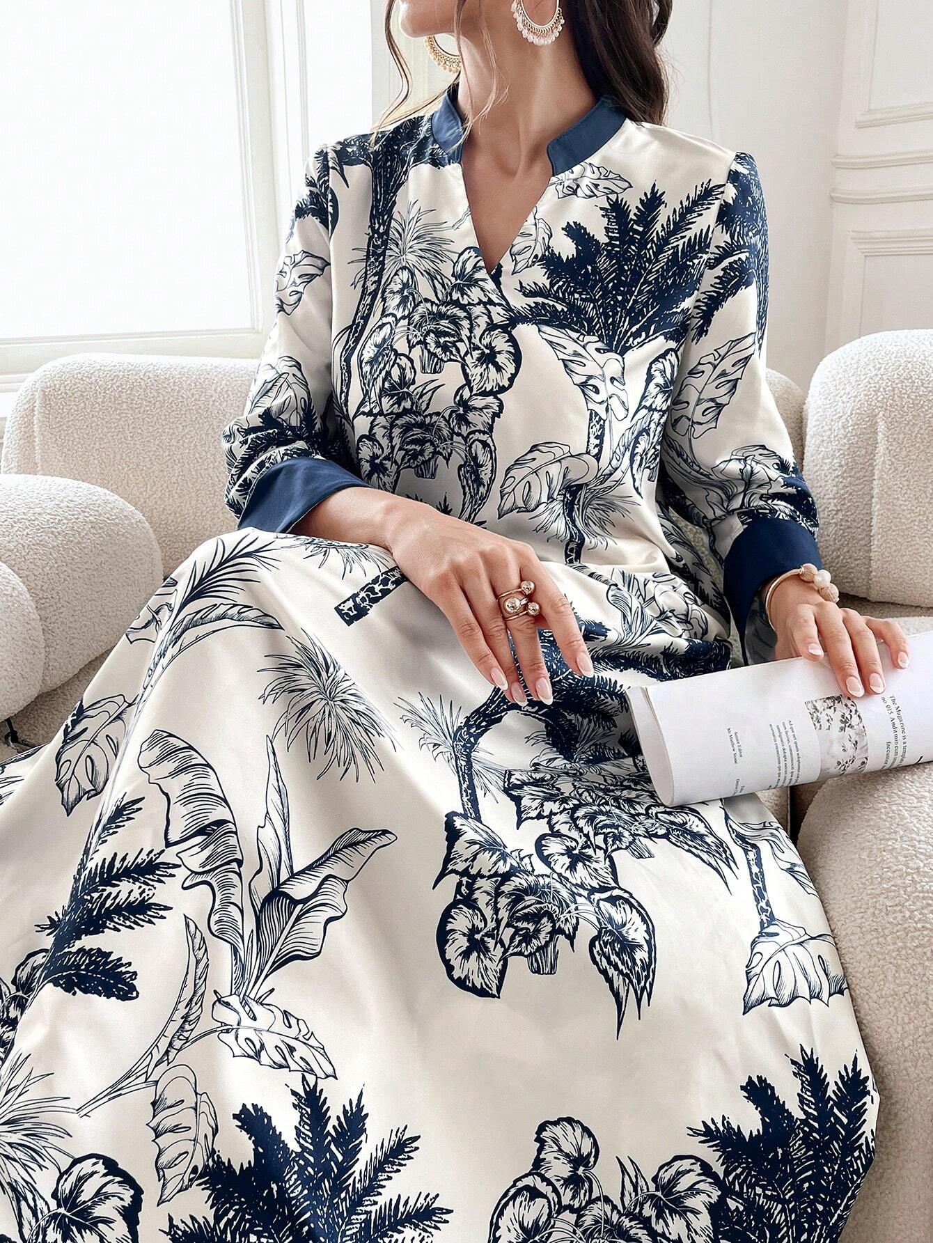 Women's Summer Botanical Printed Long Modest Long Sleeve Arabian Dress