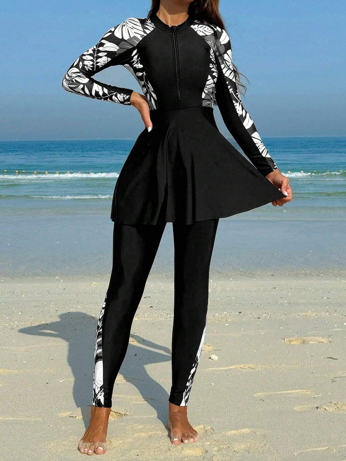 Women S Summer Beach Plant Printed High Neck Zipper Top with Ruffle
