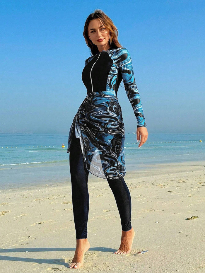 Marble Print Zip Front Burkini with Beach Skirt Summer