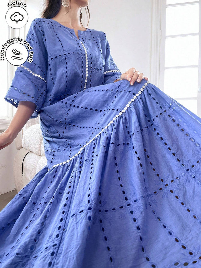 Eyelet Embroidery Ruffle Hem Smock Modest Long Sleeve Dress for Summer