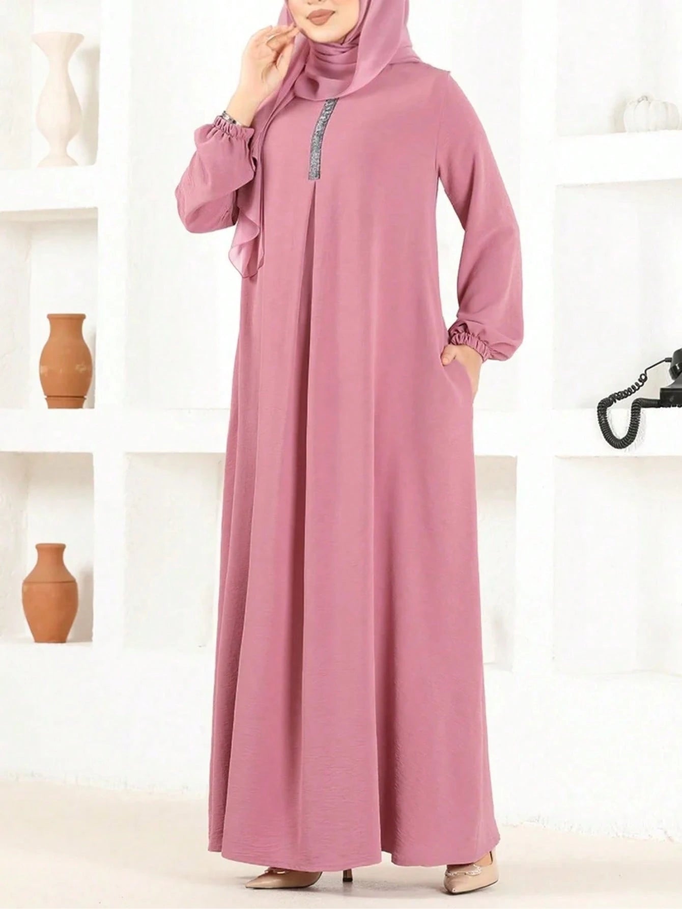 Fashion Women's Round Neck Solid Color Loose Long Robe Modest Long