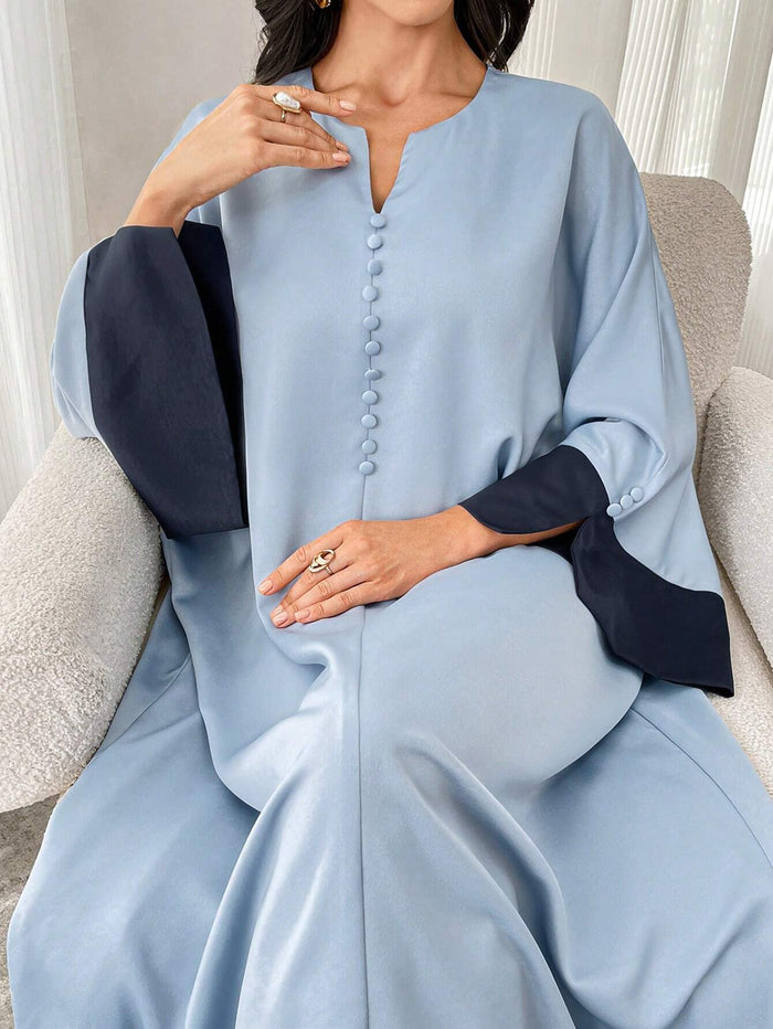 Women's V-neck Contrast Color Flared Sleeve Maxi Arabian Dress