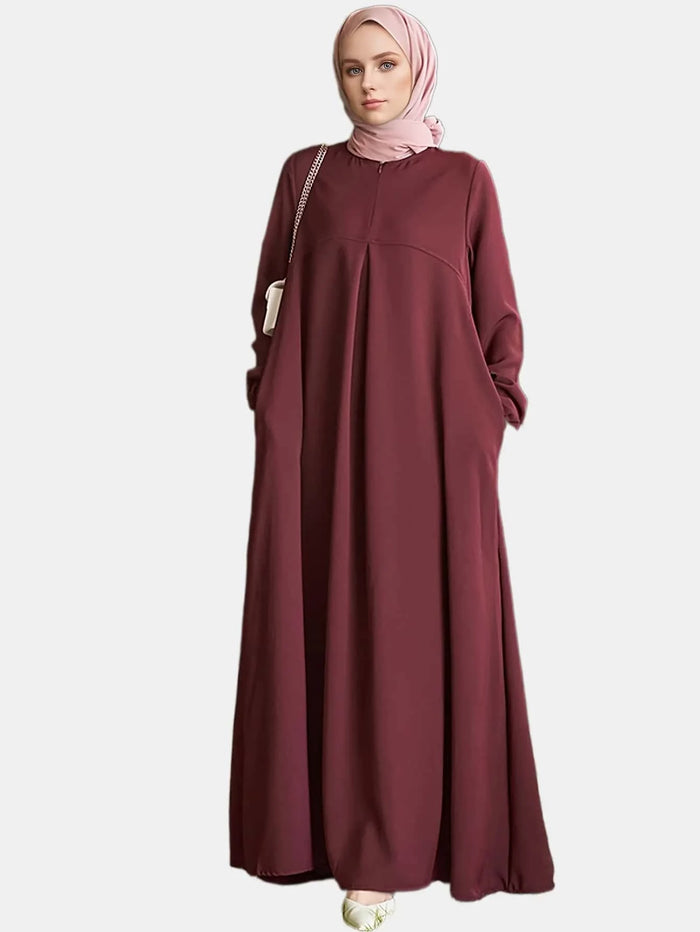 Women's Fashionable Solid Color Round Neck Long Sleeve Pocket Abaya