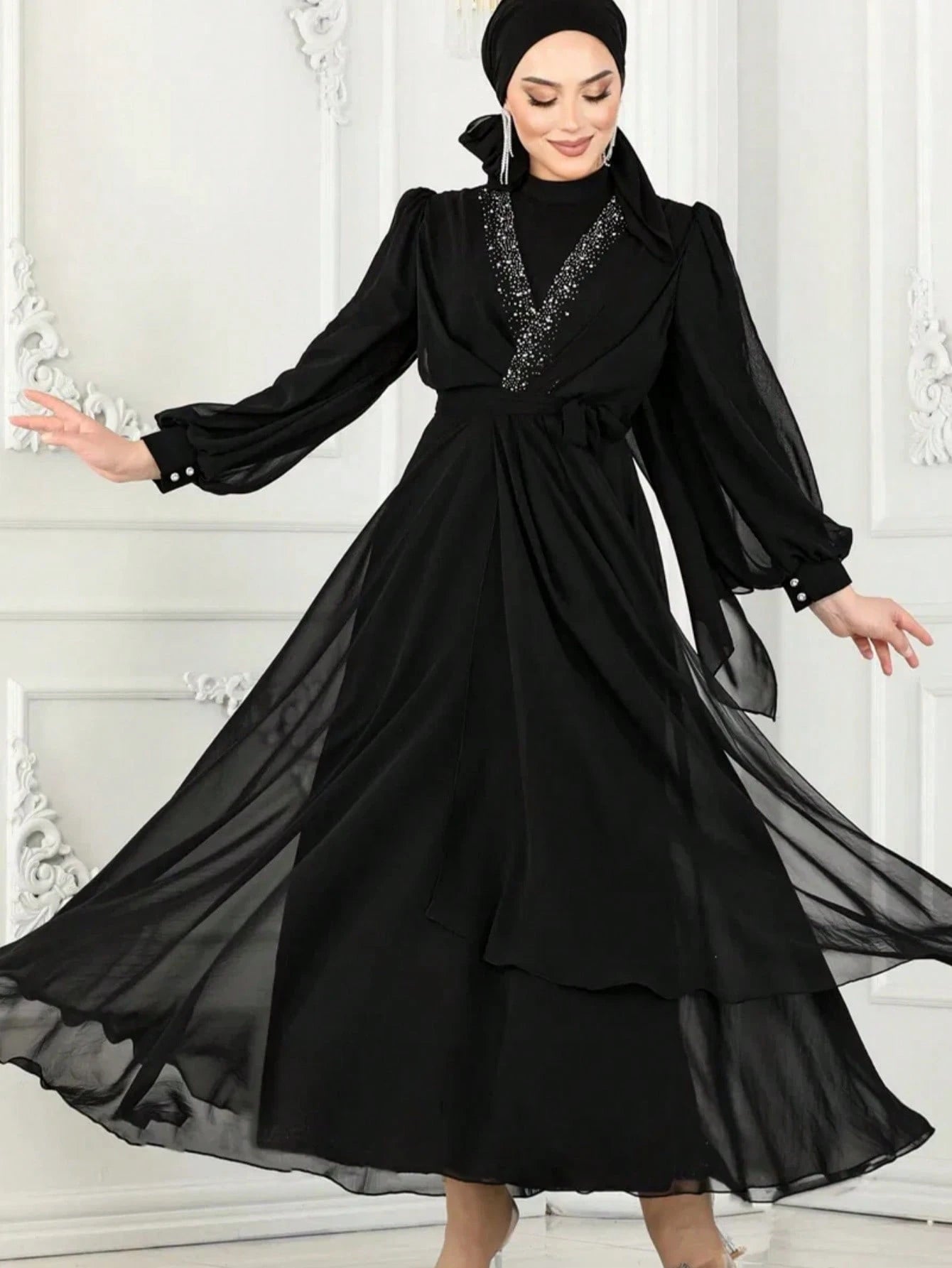 Elegant Plain Chiffon Long Sleeved Round