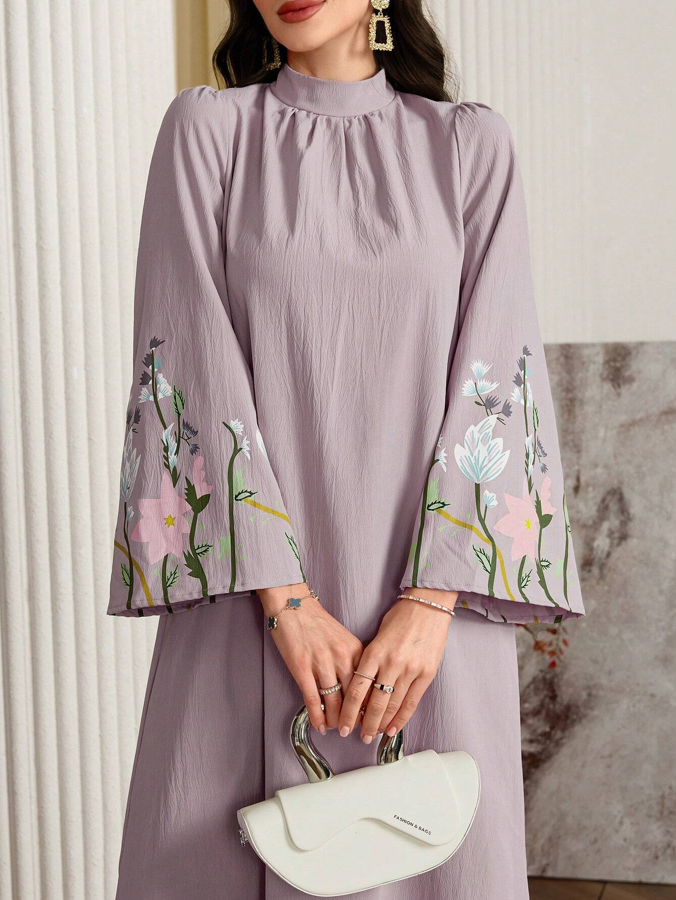 Women's Floral Print Stand Collar Long Sleeve Casual Loose Modest