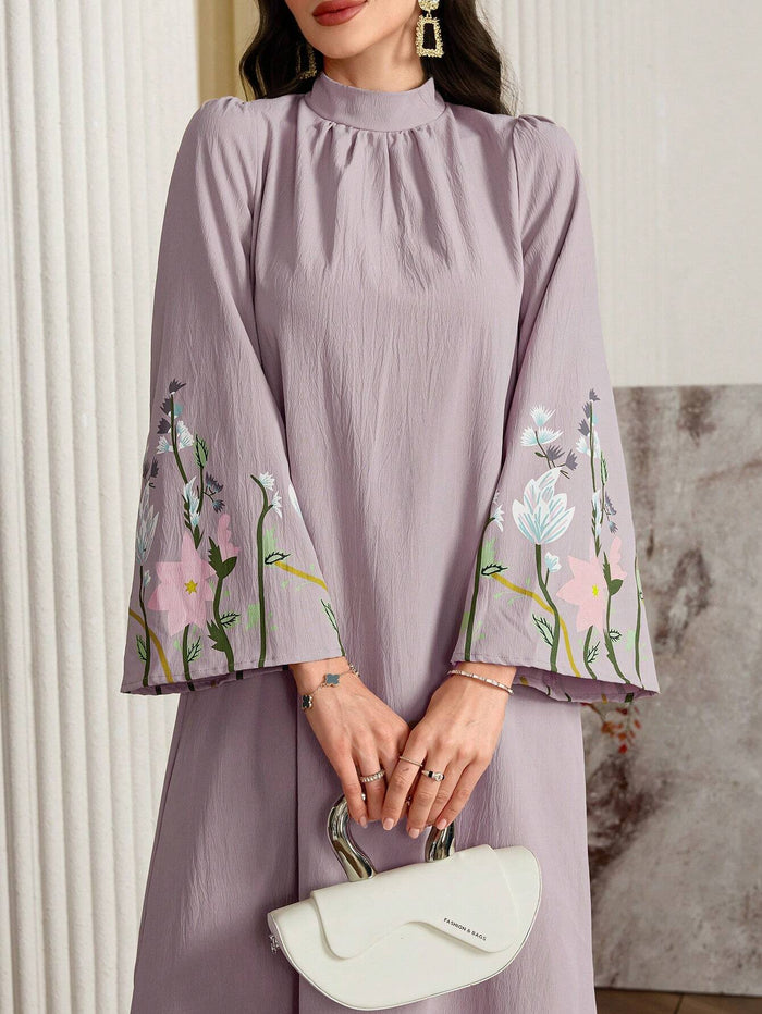 Women's Floral Print Stand Collar Long Sleeve Casual Loose Modest