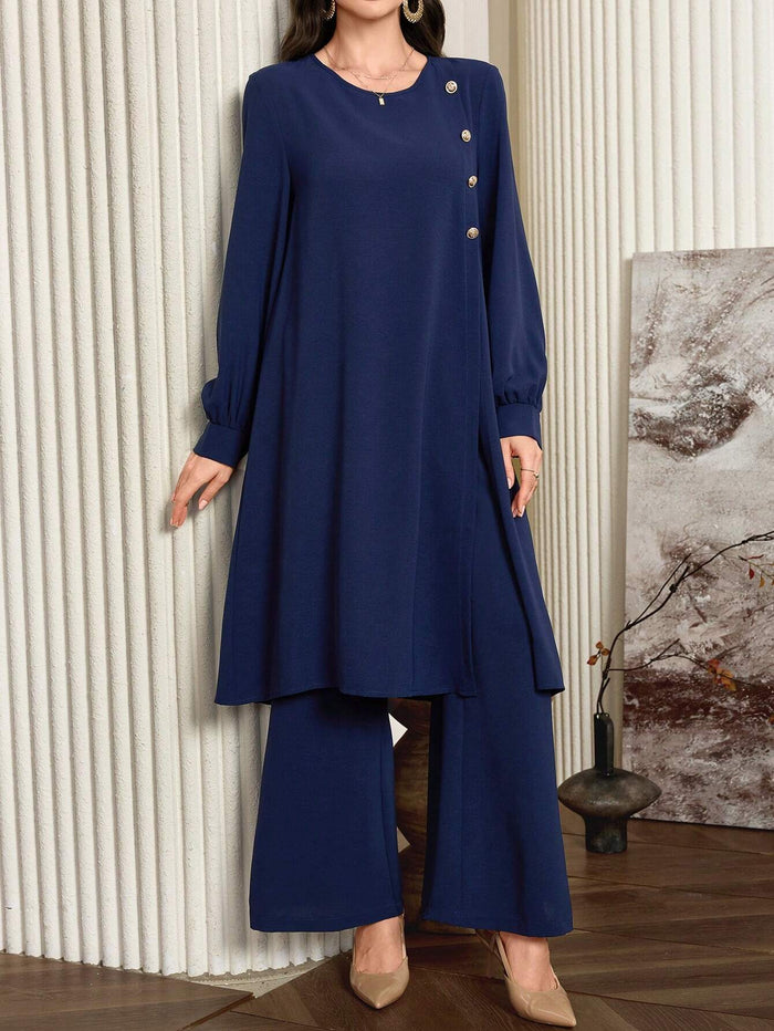 Women's Casual Solid Color Button Decor Split Hem Extra Long Top