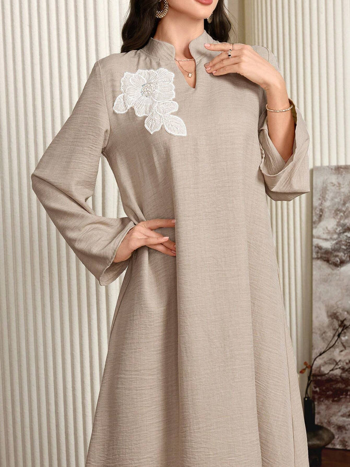Elegant Floral Embroidery Notch Neck Loose Dress