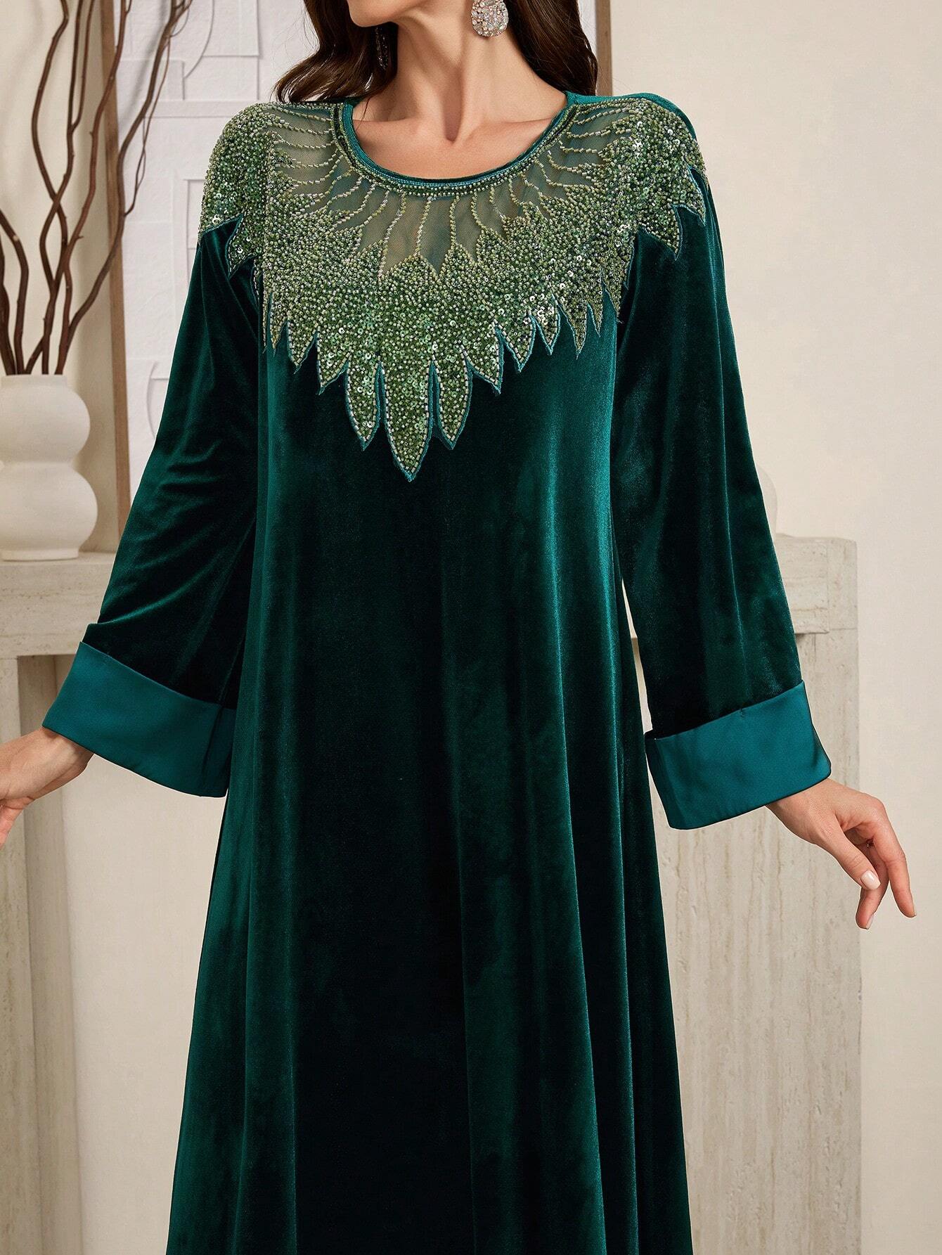 Women's Splice Sequin Mesh Crew Neck Long Sleeve Loose Elegant Dress