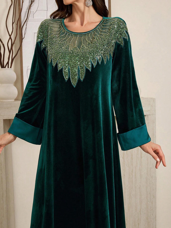 Women's Splice Sequin Mesh Crew Neck Long Sleeve Loose Elegant Dress