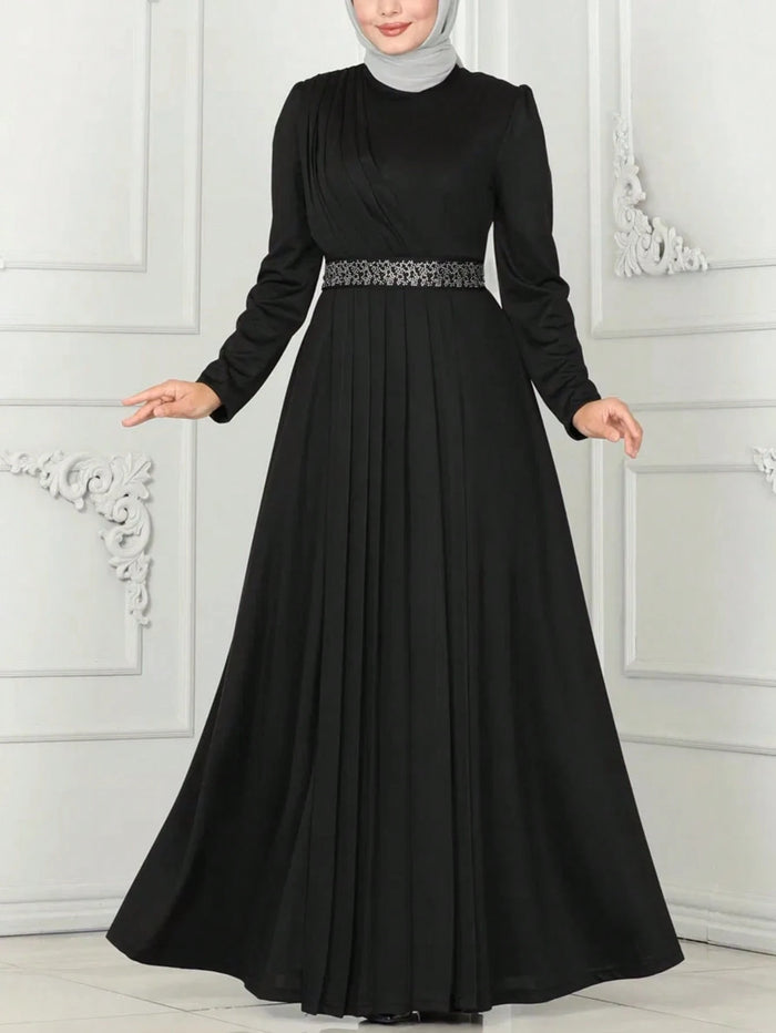 Women's Fashionable Round Neck Solid Color Waist Cinched Long Loose